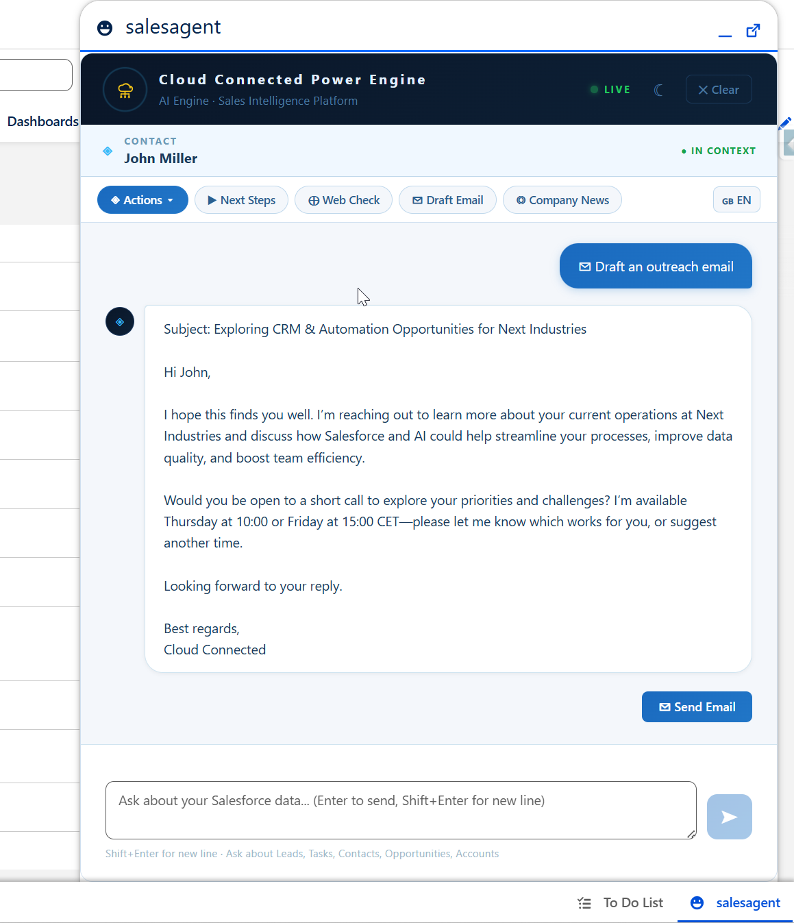 AI Engine email draft on a Salesforce record