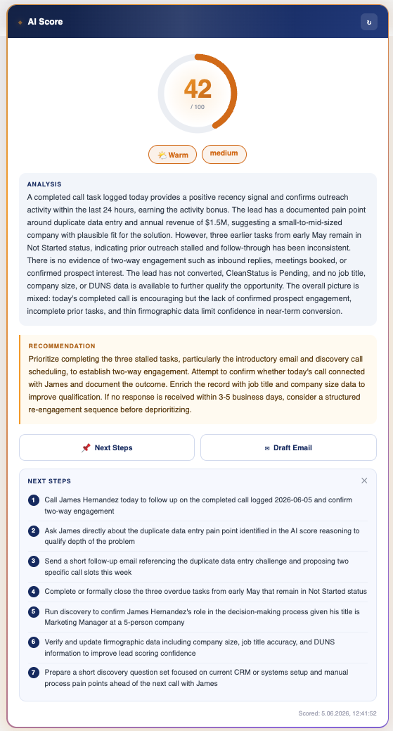 AI Engine score card inside Salesforce — score, analysis, recommendation and one-click Next Steps