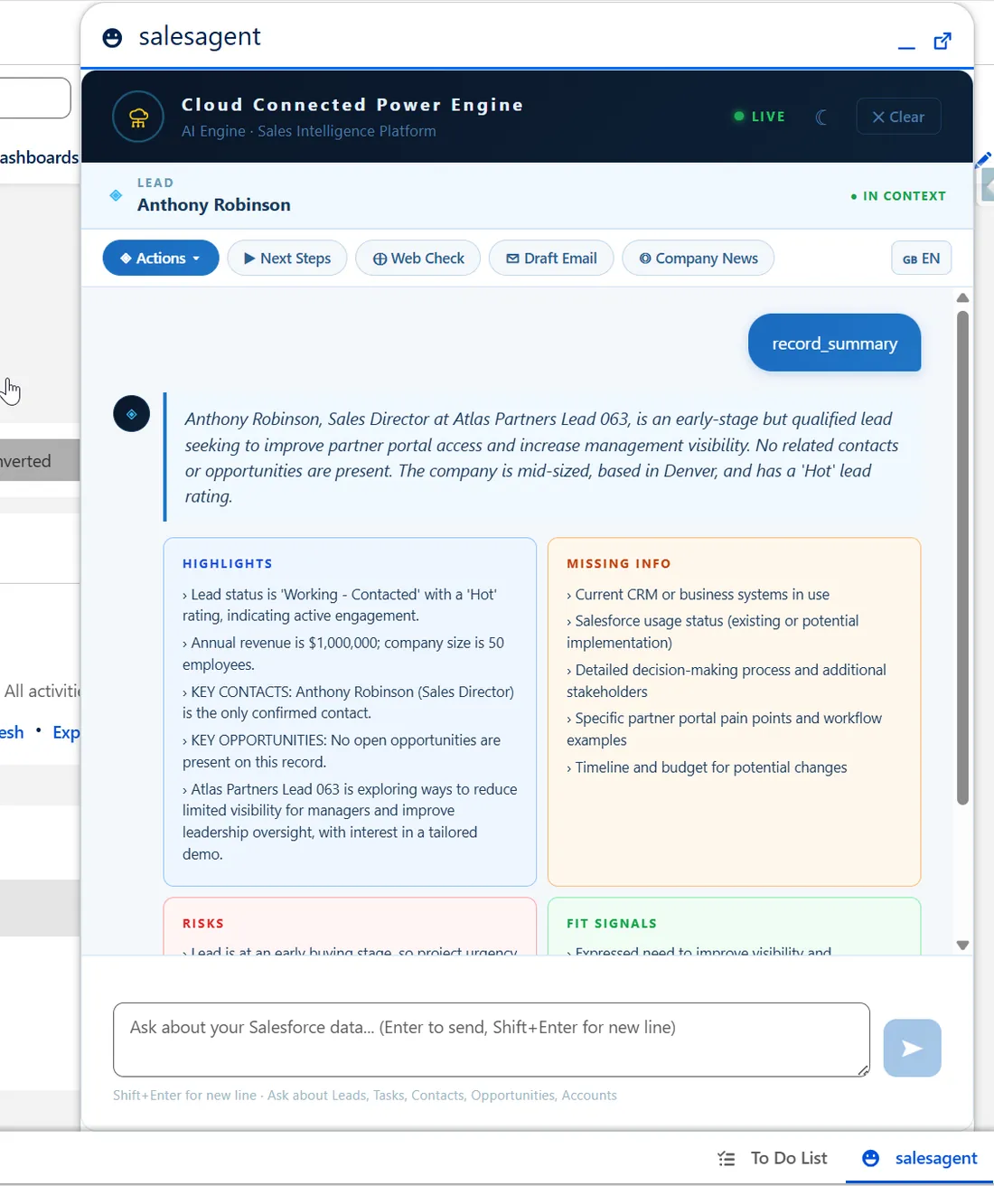 Karta z najważniejszymi punktami podsumowania rekordu przez AI w Salesforce
